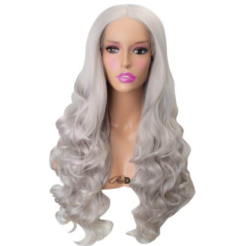 200 Density Lace Wig Heat Friendly Fiber Hair Silver Grey Long Wavy Curly Synthetic Lace Front Wig 3